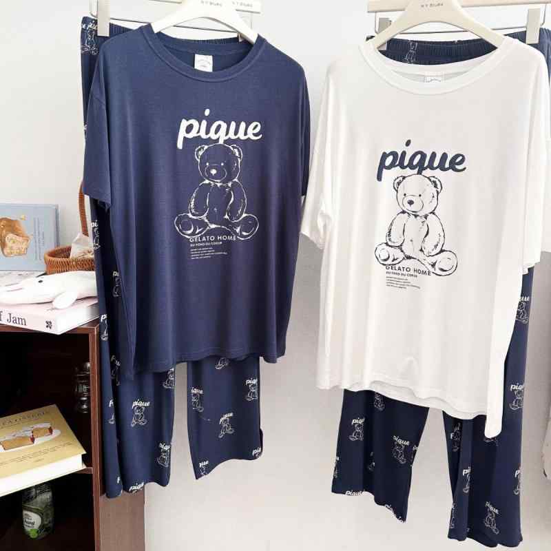 パジャマ レディース メンズ 春夏 上下セット 部屋着 モダール かわいい 小熊 半袖 長ズボン 白 紺 カップル