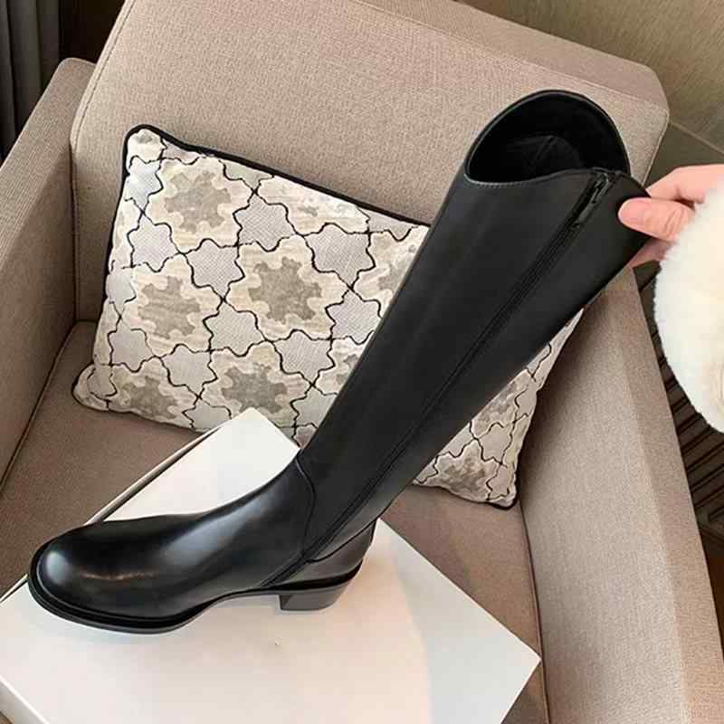 ブーツ レディース 成人女性 厚底 チャンキーヒール 乗り尻ブーツ ロングブーツ 高筒 ラウンドトゥ サイドジップ 合皮 無地 黒 黒いこと 秋冬