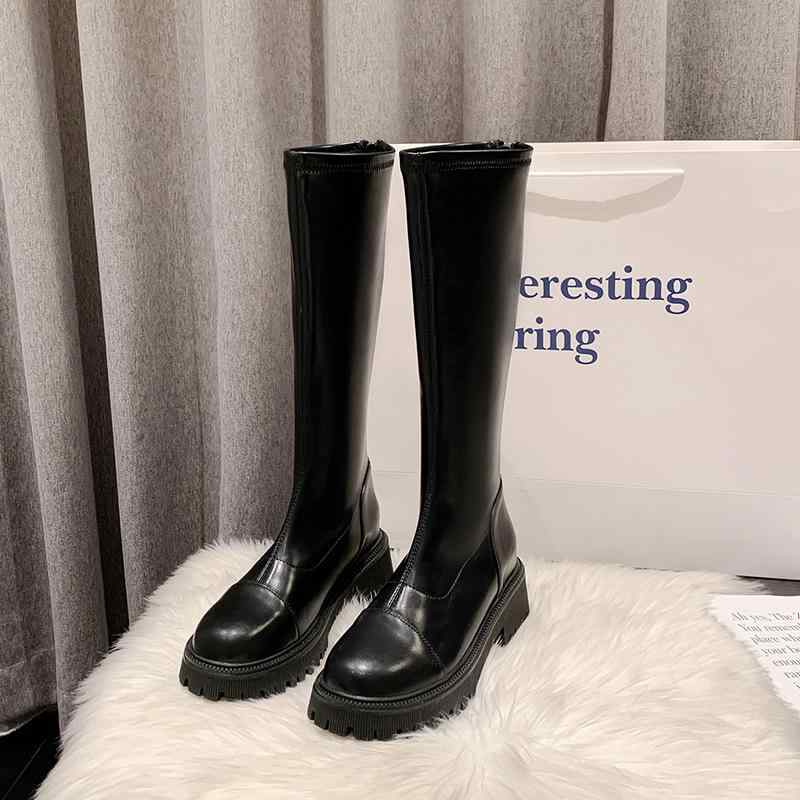 ブーツ レディース たわい無い大きさ 厚底 ロングブーツ ニーハイブーツ 6糎踵 チャンキーヒール 雨合羽 美脚 ラウンドトゥ 愛くるしげ 黒 秋冬