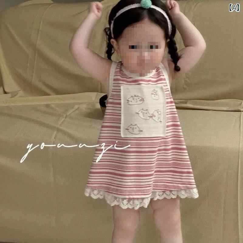 女の子 ワンピース 背心裙 吊帯スカート 無袖 綿 条紋柄 赤 春夏 夏 シンプル Aライン かわいい 子供 1-3歳 80-100cm 赤 赤い 赤色 通勤 普段使い 部屋着 軽量 伸縮性