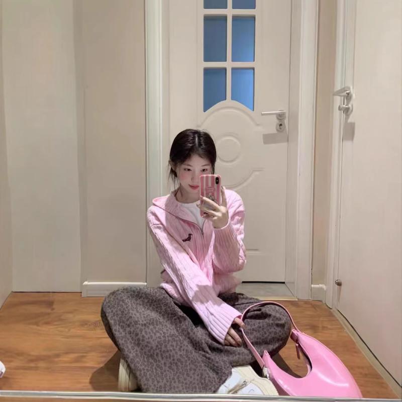 カーディガン レディース 春秋 ニット 麻花編み フード付き ゆったり ピンク系 長袖 カジュアル 韓国風