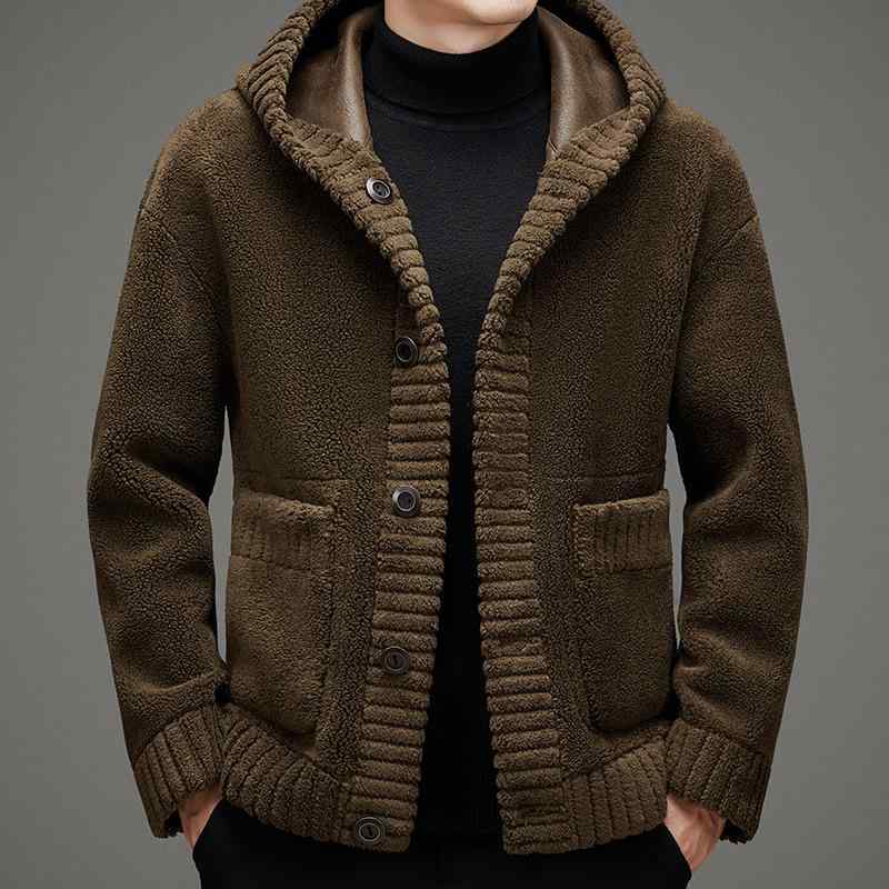 コート メンズ 男性用 羊毛 シープスキン フード付き 秋冬 加厚 保温 防寒 毛皮 アウター ジャンパー ブルゾン カフェ色 黒色 灰色
