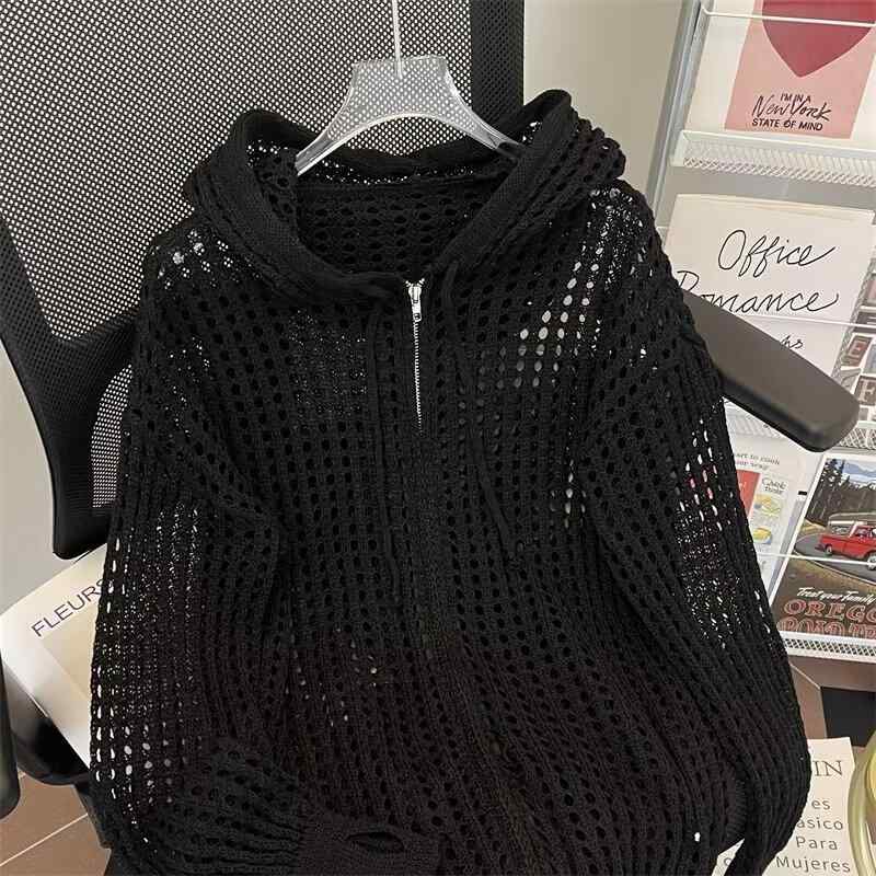 ニット メンズ 長袖 メッシュ ニットカーディガン 薄手 トップス 春秋 日常着 ブラック系 アイボリー系