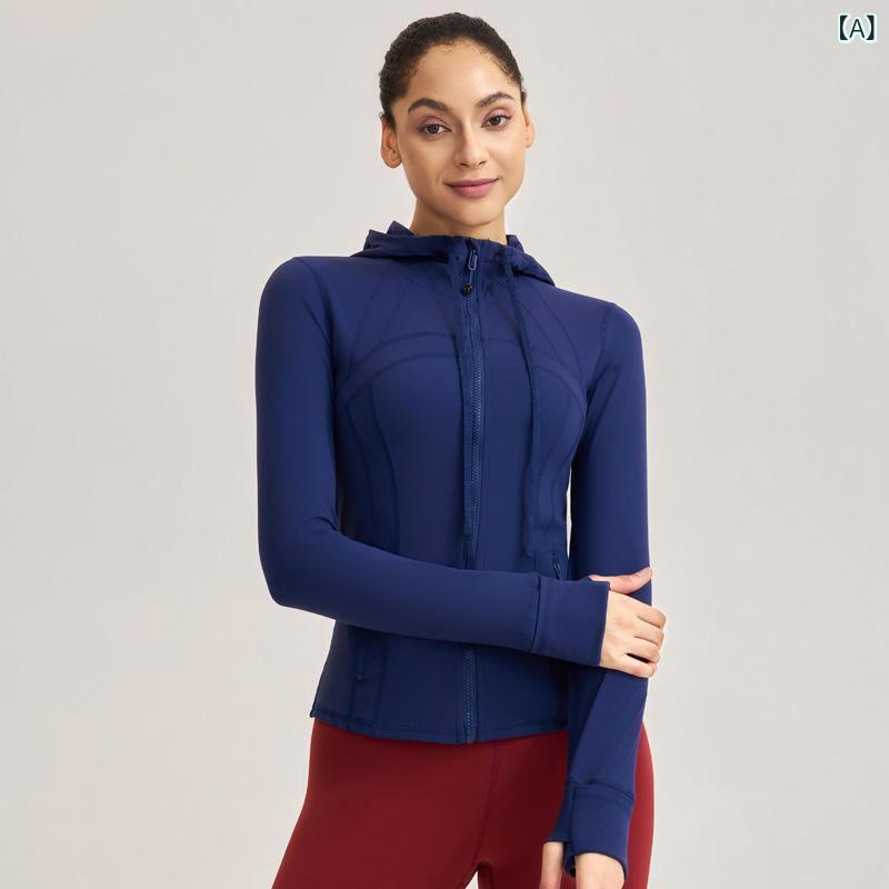 ヨガウェア レディース フード付きジャケット スポーツ アウター 長袖 スリムフィット トレーニング ランニング ジョギング 速乾性 伸縮性 ポリエステル ネイビー 紺色 ホワイト 白 グレー パープル レッド
