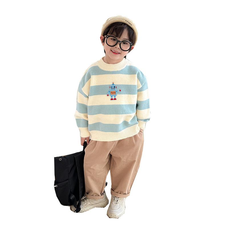 ニット 子供服 男の子 ストライプ 薄手 長袖 トップス かわいい 丸首 セーター 普段着 通園着 浅ブルー 90cm 100cm 110cm 120cm 130cm 140cm