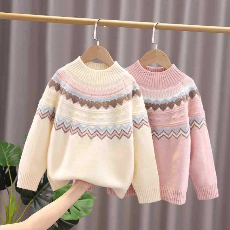 ニット キッズ 女の子 厚手 セーター 秋冬 子供服 ニットトップス 丸首 潮范 かわいい 綿 ミドル丈 普段着 ベージュ ピンク系