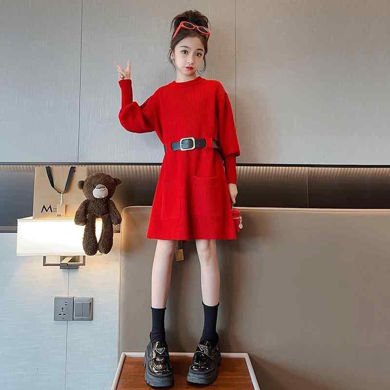 ニットワンピース ガールズ 子供服 秋冬 ミドル丈 ニット セーター ワンピース 女の子 中大童 無地 120cm 130cm 140cm 150cm 160cm 170cm カーキ色 黒色 赤色