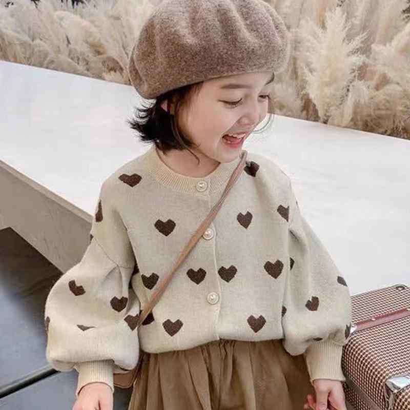 子供服 ニットカーディガン 女の子 女児向け 春秋 ランタンスリーブ ハート柄 セーター トップス 韓国風 かわいい カジュアル ポリエステル