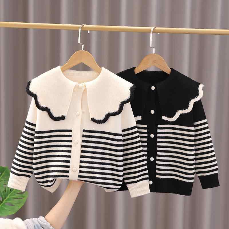 ニットカーディガン ガールズ 子供服 2025年秋冬 子供 ニット セーター ベビー 春秋 大きめ襟 ストライプ柄 ミルクホワイト ブラック
