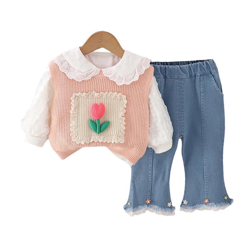子供服 3点セット 女の子 ニットベスト ブラウス パンツ 春秋 幼児 小花柄 コットン ピンク系 グリーン 80cm 90cm 100cm 110cm 120cm