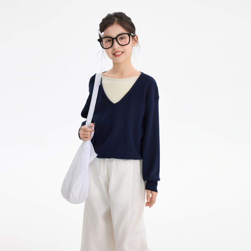 子供服 ニット Vネック セーター 女の子 長袖 トップス 春秋 おしゃれ 120cm 130cm 140cm 150cm 160cm 170cm 普段着 部屋着 紺色 かわいい