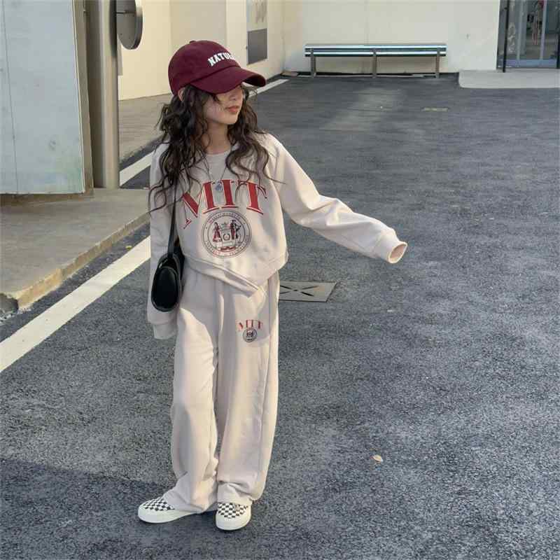 子供用スウェット 上下セット 女の子 秋物 長袖 長ズボン ジャージ スポーツウェア カジュアル ミドル丈 厚手 普段着 部屋着 グレー系 アイボリー 全2色