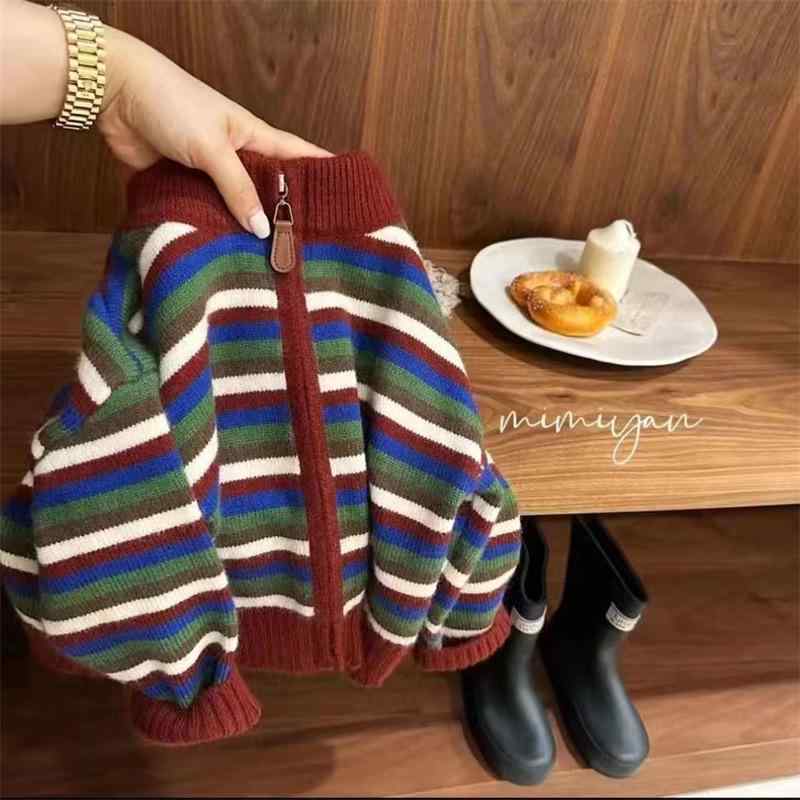 ニット 子供服 男の子 ニットカーディガン 長袖 丸首 ストライプ 配色 秋 冬 90 100 110 120 130 140cm