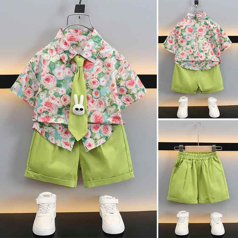 子供用シャツ パンツ セットアップ 半袖 短パン 3点セット 男の子 夏服 薄手 花柄 かわいい 韓国風 普段着
