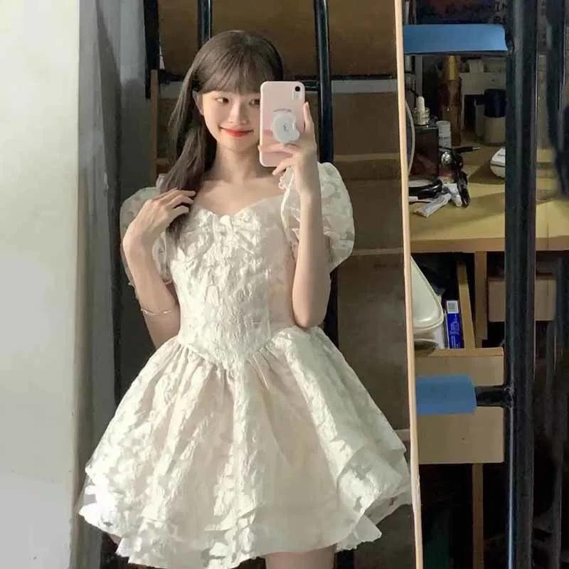 ワンピース レディース 春夏 提花 パフスリーブ ドーリードレス レトロ スイート 切り替え スクエアネック プリンセスドレス ポリエステル 杏色 半袖 ひざ丈 4,569円