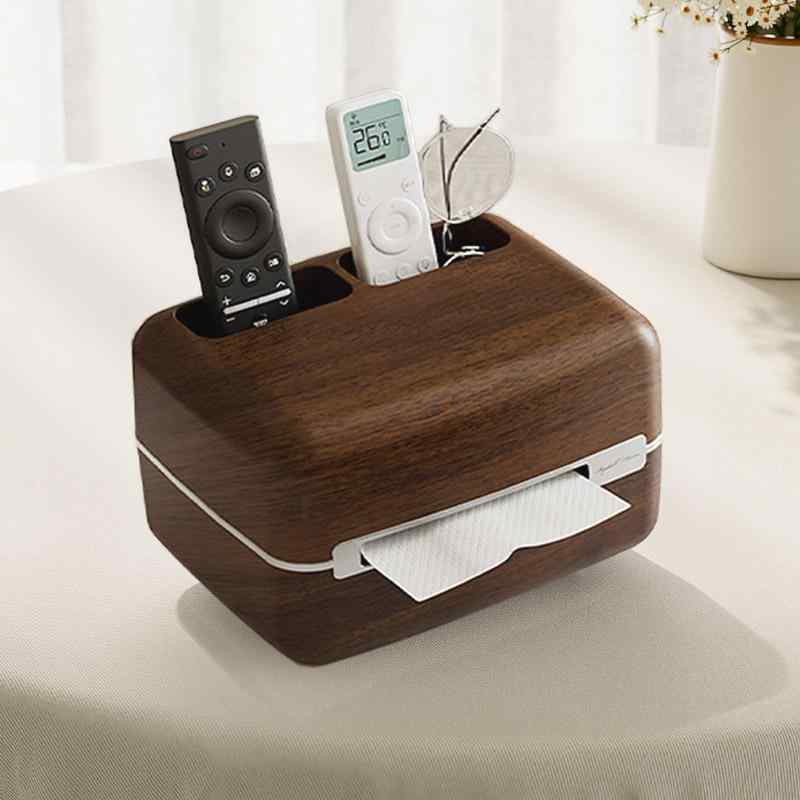 紙ティッシュケース レディース メンズ 卓上 ティッシュボックス 多用途 リモコンラック 小物入れ 磁石付き ABS樹脂製 胡桃木色 原木色