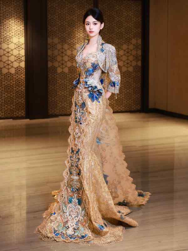秀禾服 レディース ポリエステル 新婦 ウェディングドレス 中国風 結婚式 披露宴 パーティー 敬酒服 ロングドレス シャンパンゴールド ブルー