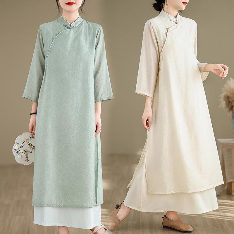 ワンピース レディース 新中国スタイル チャイナドレス風 禅意 茶芸師 服 7分袖 ロング丈 不規則 グリーン 杏色