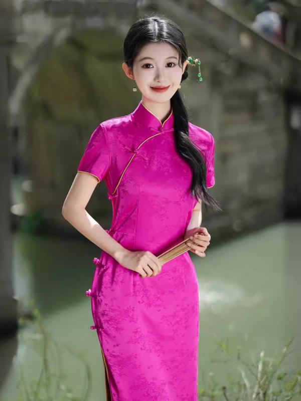 チャイナドレス レディース 新中国スタイル レトロ モーニングドレス ポリエステル 立体柄 ミドル丈ワンピース M L XL 2XL 3XL 4XL ピンク系