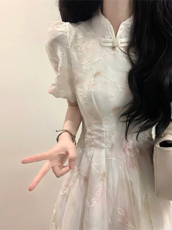 ワンピース レディース チャイナドレス ミモレ丈 Aラインワンピース ハイウエスト 文芸風 杏色 パフスリーブ 袖コンシャス かわいい おしゃれ着 お出かけ デート