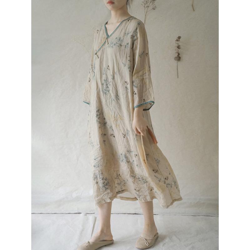 チャイナドレス レディース ワンピース 春夏 中国風 茶服 Vネック Aライン 膝丈 ミモレ丈 ゆったり 長袖 コットン リネン 快適 普段着 お出かけ着