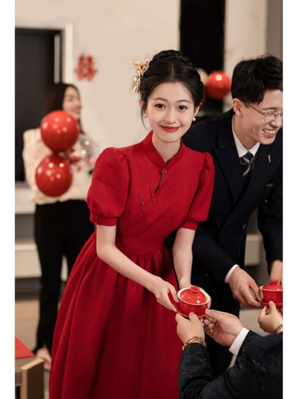 チャイナドレス レディース 直筒ワンピース 赤色ワンピース 結婚式 パーティー ドレス 高腰 半袖 膝下丈 ロングワンピース 無地 切り替え 抽褶 レトロ風