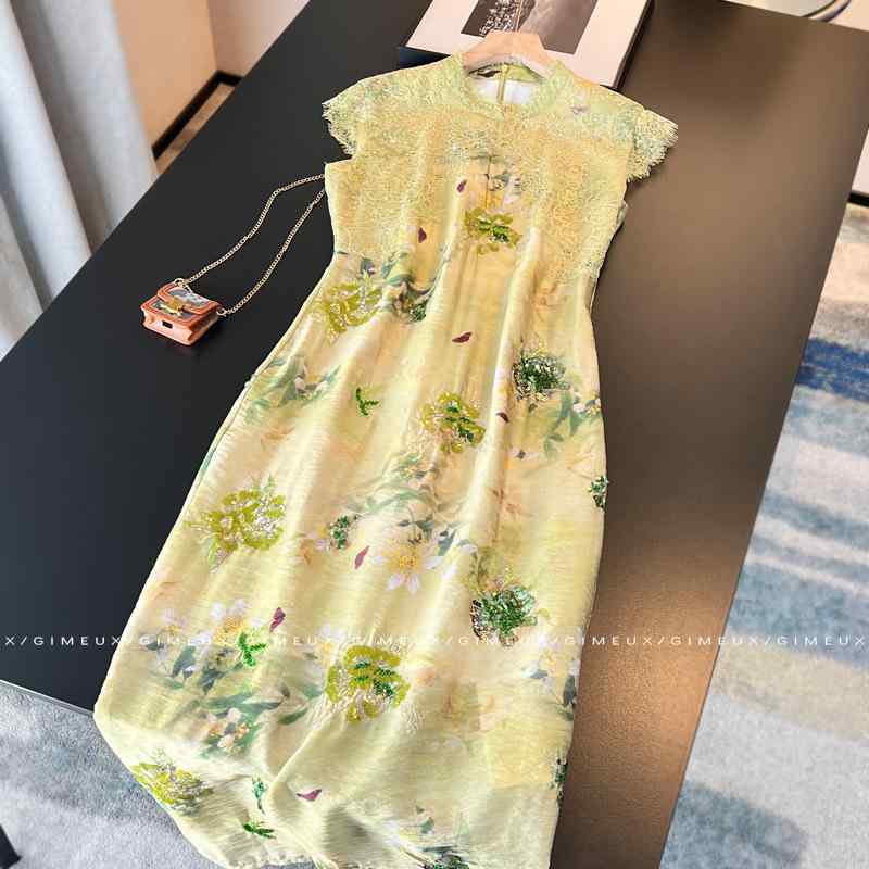 ワンピース レディース チャイナドレス 新中式 改良型 法式 ロマンチック レース 刺繍入り スリット入り ロング 高見え 黄緑 半袖 ポリエステル 高腰 气? 通勤