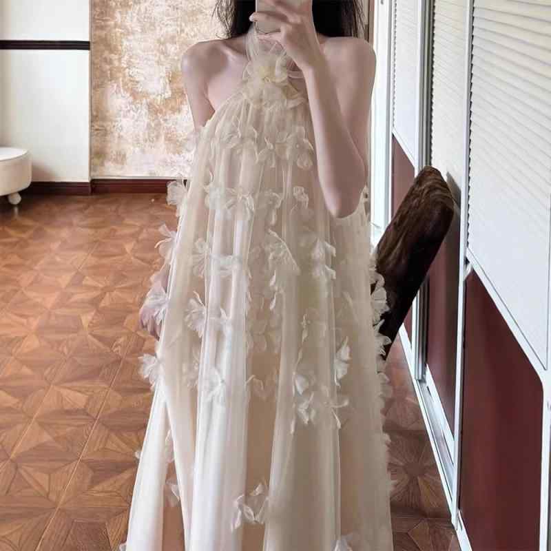 ウェディングドレス レディース A字スカート ノースリーブ 高腰 花柄 杏色 ロング丈 リゾート 海辺｜トミーショップ 店