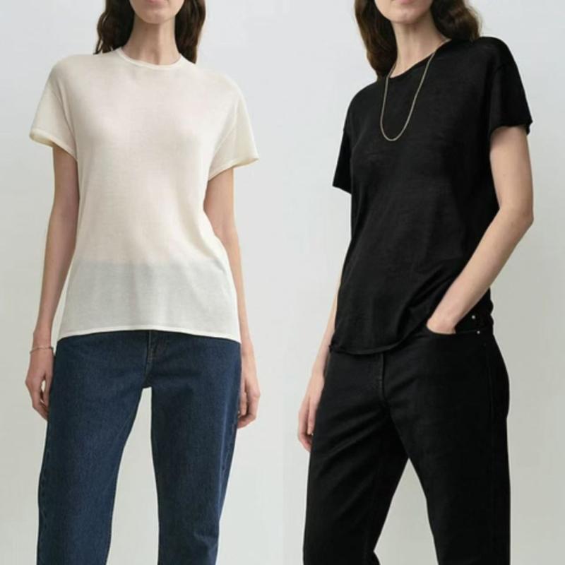 Tシャツ レディース 半透明 修身 桑蚕? 素材 丸首 短袖 インナー トップス 通勤スタイル 気質 薄手 米白 黒 夏 純色 95% 以上 透視 デザイン 普通丈 50-65cm