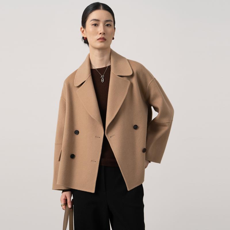 厚地の外套 レディース ダブル前胸部 絨毛 羊毛 10% 羊? カシミール アウター 上衣 遊撃手丈 翻 Collar 襟 ゆったり 体型覆いかぶせる 落っこちる肩先 秋冬 駱駝 赤銅色 パープル