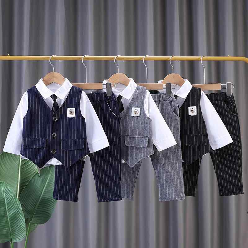 子供用スーツ 男児 ストライプ柄 フォーマル ベスト付き 3点セット 1歳 2歳 3歳 4歳 5歳 グレー 黒 紺色 入園式 卒園式 結婚式 発表会