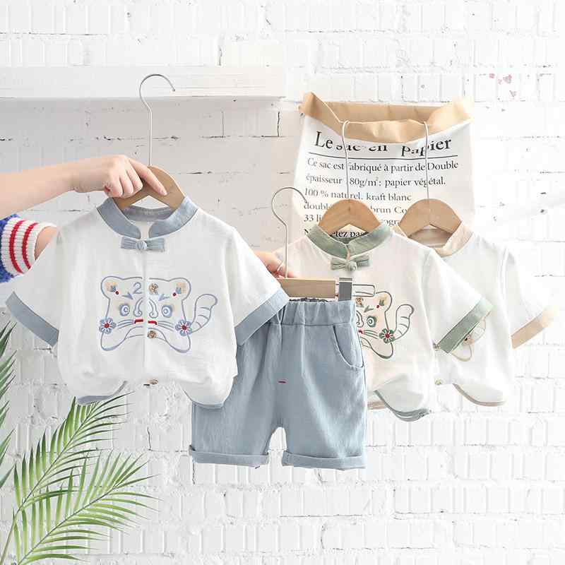 キッズ 男の子用 夏服 セットアップ 上下セット 唐装風 半袖 短パン 2点セット 幼児 ベビー服 かわいい カトゥーン柄 綿90％ 80cm 90cm 100cm 110cm 120cm グリーン ブルー カーキ