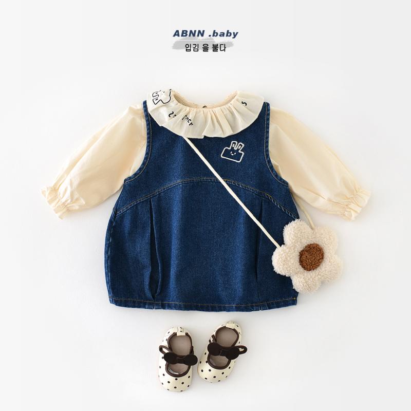 ベビー服 春物 デニムワンピース セットアップ 女児 赤ちゃん 幼児 長袖トップス ブルマ 上下セット 綿70% 73CM 80cm 90cm 100cm 110cm