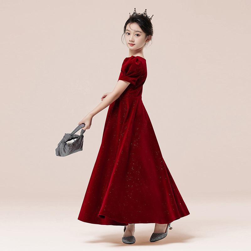 子供用礼服 ドレス 女の子 ピアノ発表会 結婚式 パーティー 花童 ワインレッド パフスリーブ ロングドレス 120cm 130cm 140cm 150cm 160cm 170cm ポリエステル 上品 プリンセス