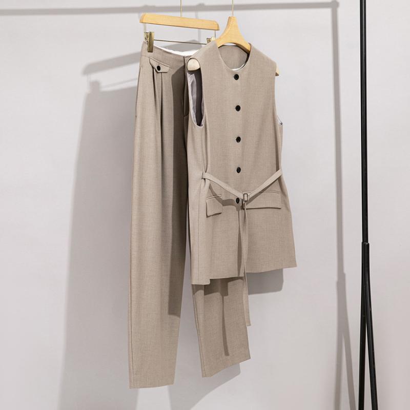 ベスト レディース 2点セット ジレ ストレートパンツ スーツ ポリエステル 再生繊維 混紡 無地 エレガント 春夏 オフィス カジュアル S M Lサイズ展開 ブラウン系 グレー系