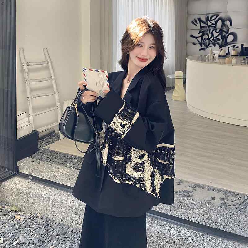 上衣 レディース 編み物うつり変わり テーラード 黒いこと 長袖 ポリエステル 年月 通い 執務室 好いたらしいめ 雅びやか 衣嚢