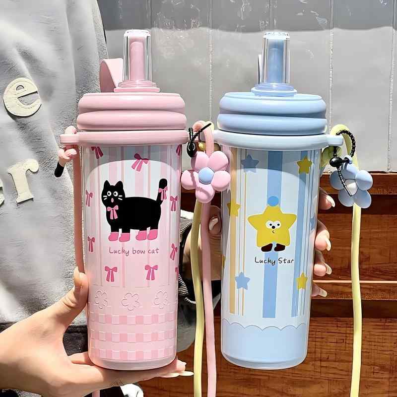 水筒 レディース 子供 大容量 ステンレス ストロー付き 保温 保冷 携帯ボトル かわいい おしゃれ 直飲み スポーツ アウトドア 通勤 通学 ピンク系 ブルー ブラック