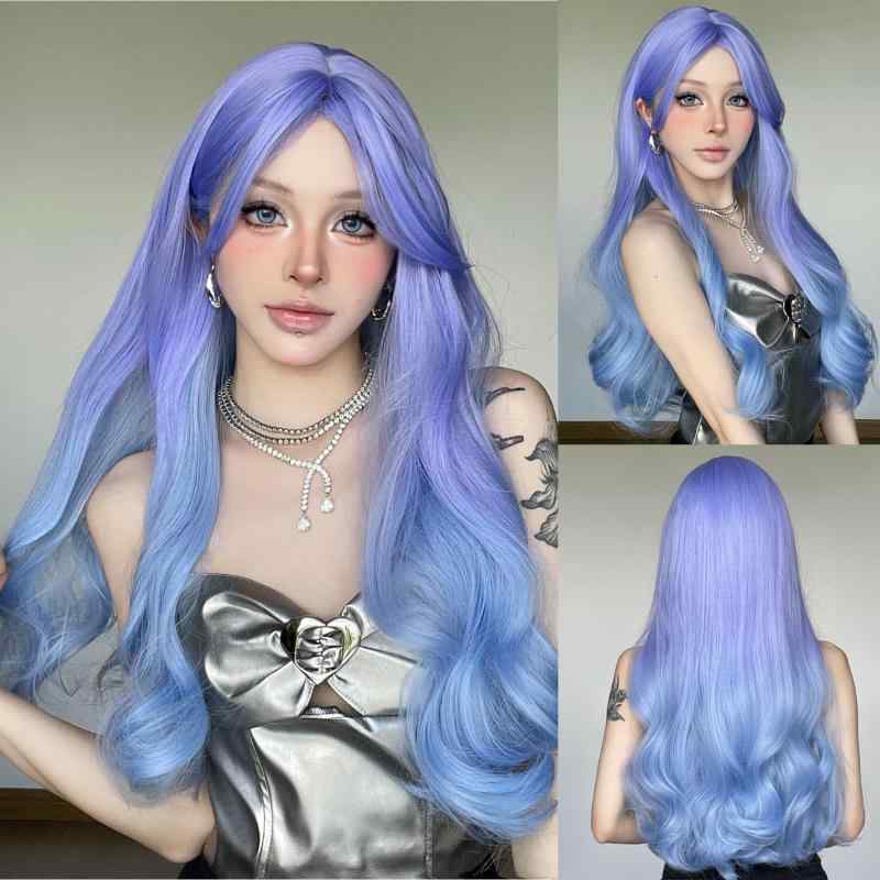 ウィッグ レディース フルウィッグ ロング ゆるふわ ウェーブ ブルー グラデーション 斜め前髪 コスプレ デイリー 普段使い 自然 高温耐熱