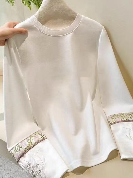 長袖トップス 女性用 綿素材 刺繍 切り替え 春夏 秋冬 ラウンドネック ルーズフィット インナーTシャツ 白 黒 接触冷感 吸湿速乾 普段使い カジュアルスタイル 名媛風 私服 軽量 伸縮性 高級感