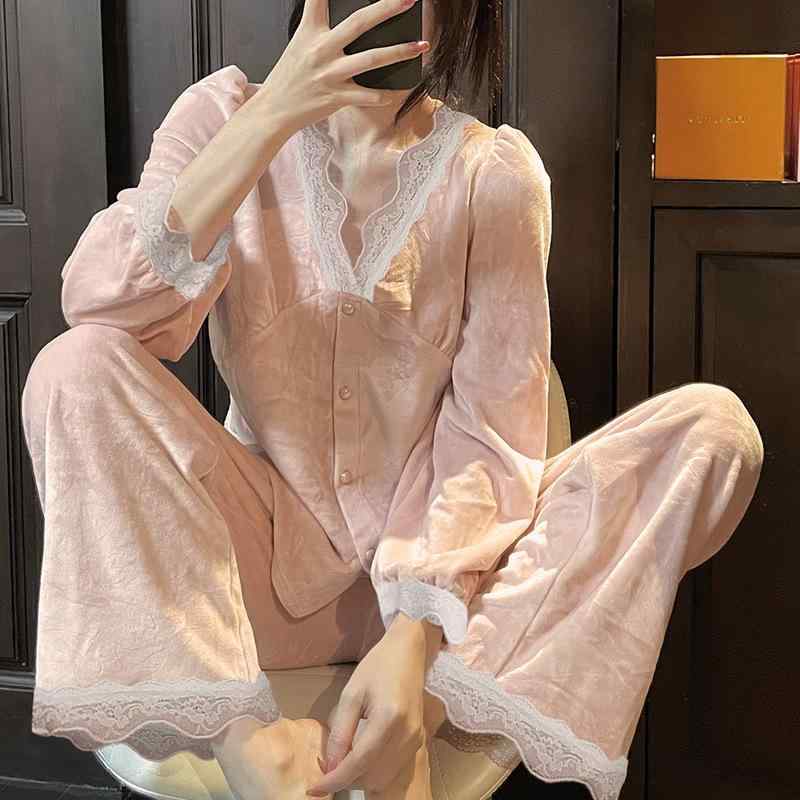 パジャマ レディース 秋冬 長袖 ベルベット ルームウェア 上下セット Vネック 部屋着 寝間着 セットアップ 伸縮性 保温性 ピンク系