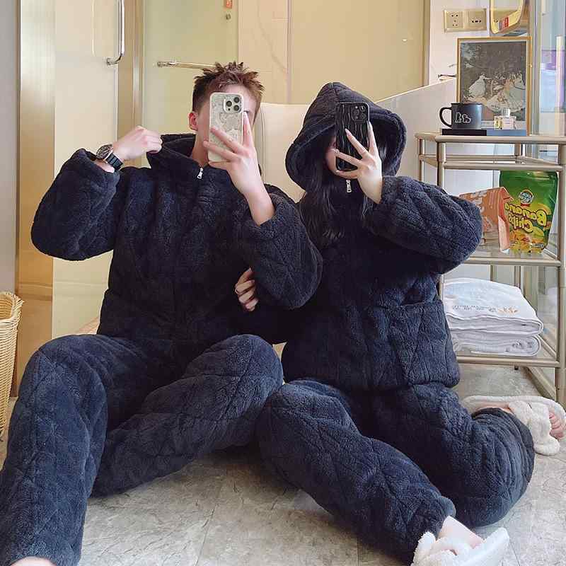 パジャマ メンズ レディース フランネル あったか 珊瑚マイヤー 厚手 ルームウェア 上下セット 冬用 男性用 女性用 ペア ポリエステル ブラック 黒｜トミーショップ 店