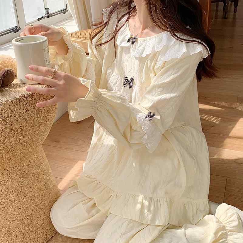 パジャマ レディース 春秋冬 長袖 レース フリル かわいい ルームウェア 上下セット 綿 薄手 部屋着 寝間着 リラックス ウェア