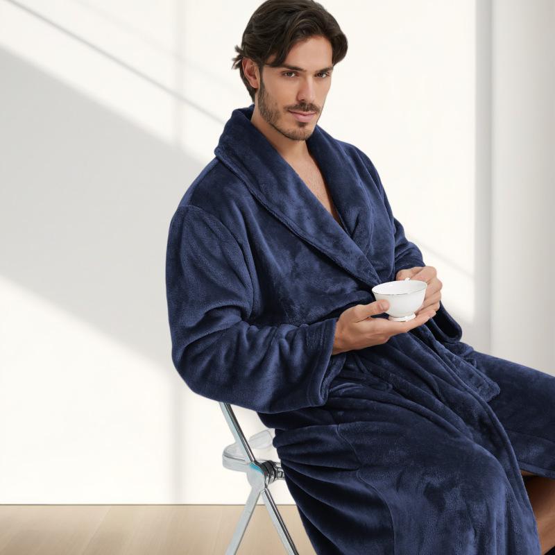 バスローブ レディース メンズ 兼用 部屋着 フランネル 紺色 グレー ブラック ワインレッド パープル コーヒー 孔雀グリーン 秋冬 厚手 暖かい ポリエステル 襟付き
