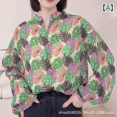 レディース シャツ トップス 長袖 立襟 灯籠袖 緑 花柄 植物柄 印花 透け感 ゆったり シルエット リゾート風 通勤風 気質 スタイル ファッション アイテム 百搭 夏 春夏 シーズン 95% 以上 メイン 素材 配合 中長丈 65cm 以上 80c