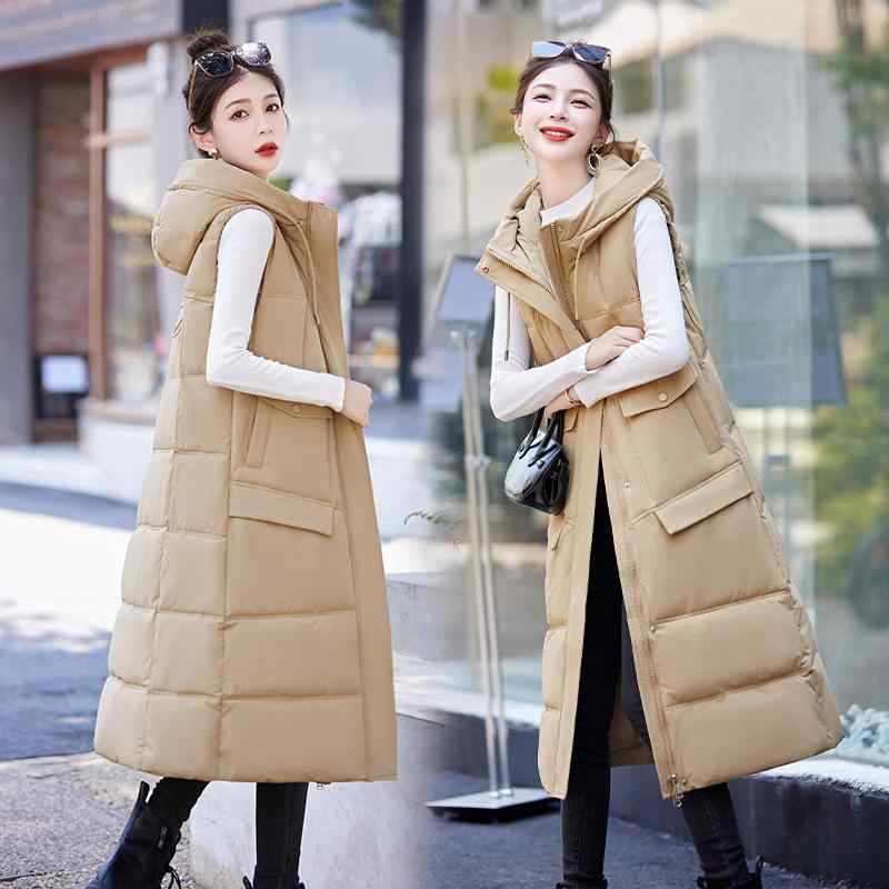 ベスト レディース 大きいサイズ フード付き ロング丈 ダウン風 中綿 ノースリーブ ジャケット 秋冬 ゆったり 4XL ブラック アイボリー カーキ レッド