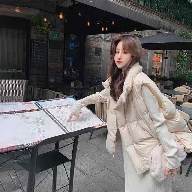 ベスト レディース 韓国風 ゆったり 羽織り ダウンコットン 中綿入り ショート丈 アウター ミルキーホワイト