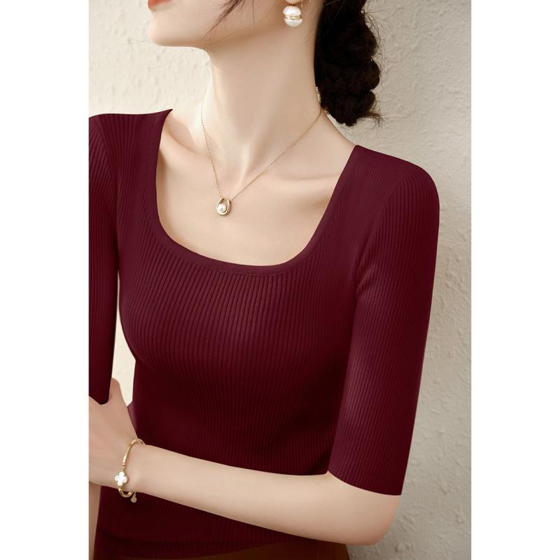 ニット トップス レディース 秋冬 通勤 普段使い 方領 5分袖 切り替え 再生繊維 中厚 純色 気質 高級感 安哥拉紅 ホワイト ブラック グレー ダークブラウン ベージュ ストレッチ 吸湿速乾 軽量 ビッグシルエット ハイネック風