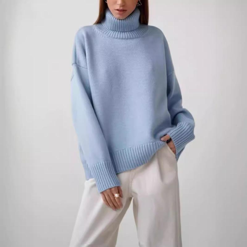 ニット レディース 秋冬 高 Colla ネック セーター カーディガン ゆったり 厚手 無地 トップス プルオーバー 浅藍色