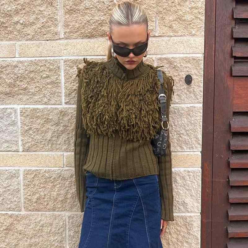 ニット レディース セーター プルオーバー 秋冬 ヨーロッパ風 アメリカ風 長袖 ハーフハイネック タッセル付き ポリエステル ブラウン カーキ 修身