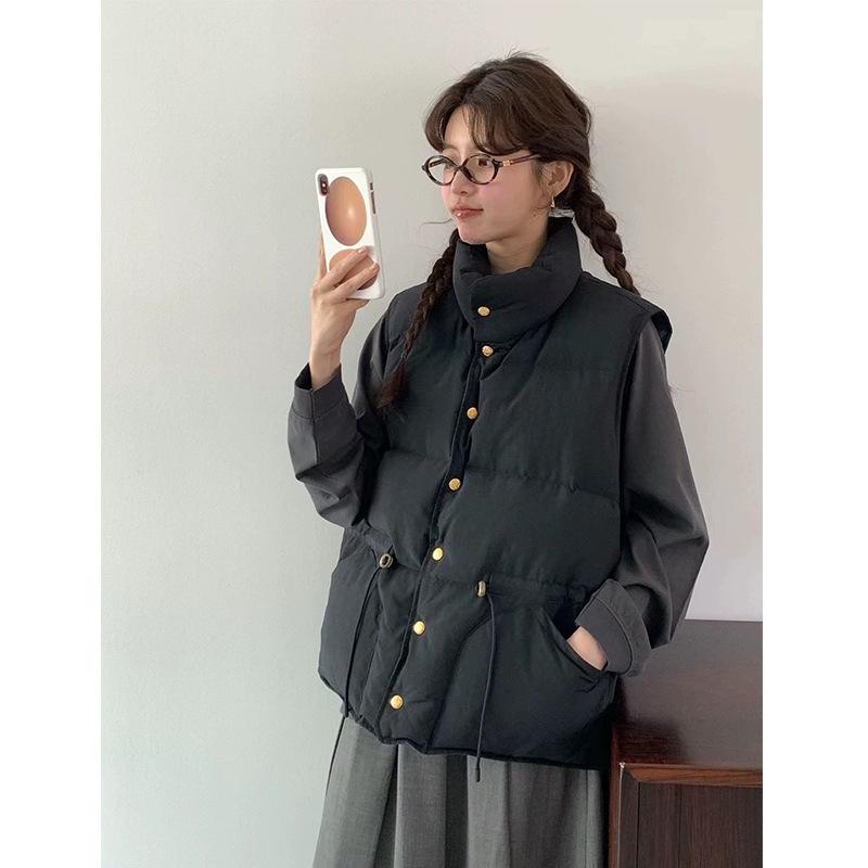 ダウンベスト レディース 韓国風 カジュアル ポリエステル 中厚手 白ダックダウン ゆったり ブラック グリーン 秋冬